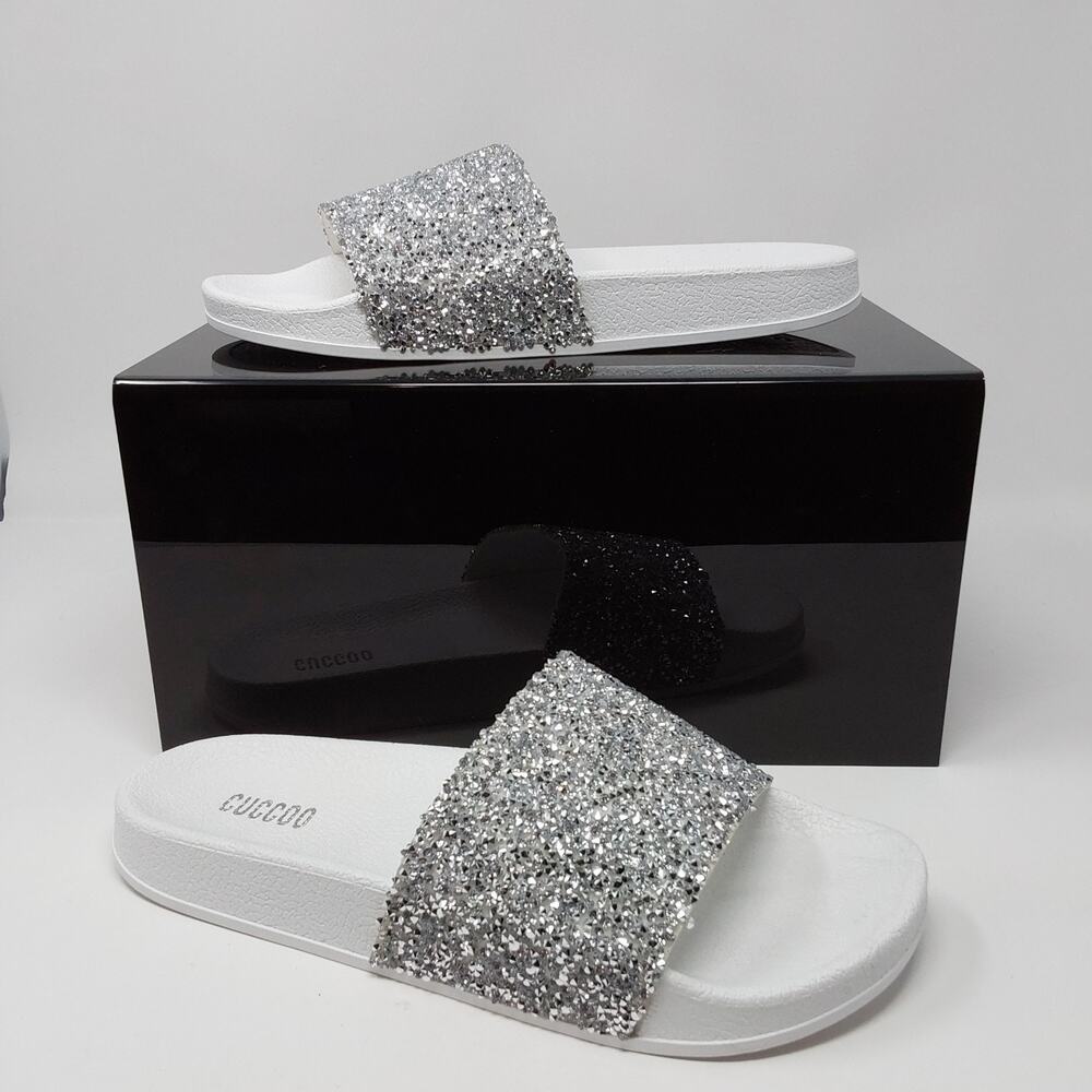 Womens Rhinestone Slide Sandals White Glitter Slides Size EU 41 US 10
